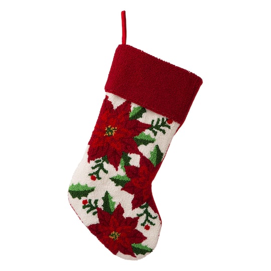 Glitzhome 21" Poinsettia Hooked Christmas Stocking, One Size, Red